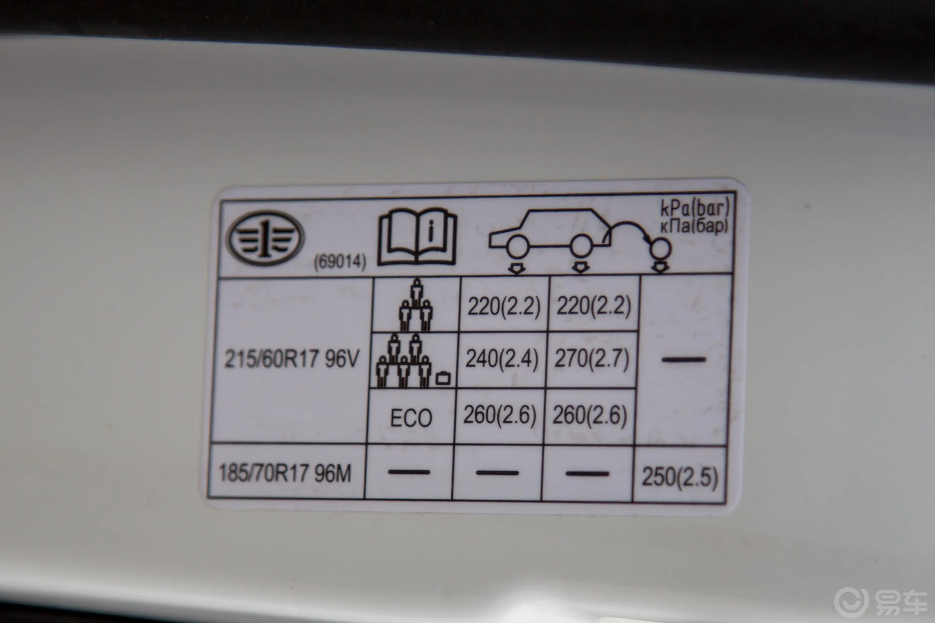 奔腾X801.8T 手自一体 豪华版胎压信息铭牌