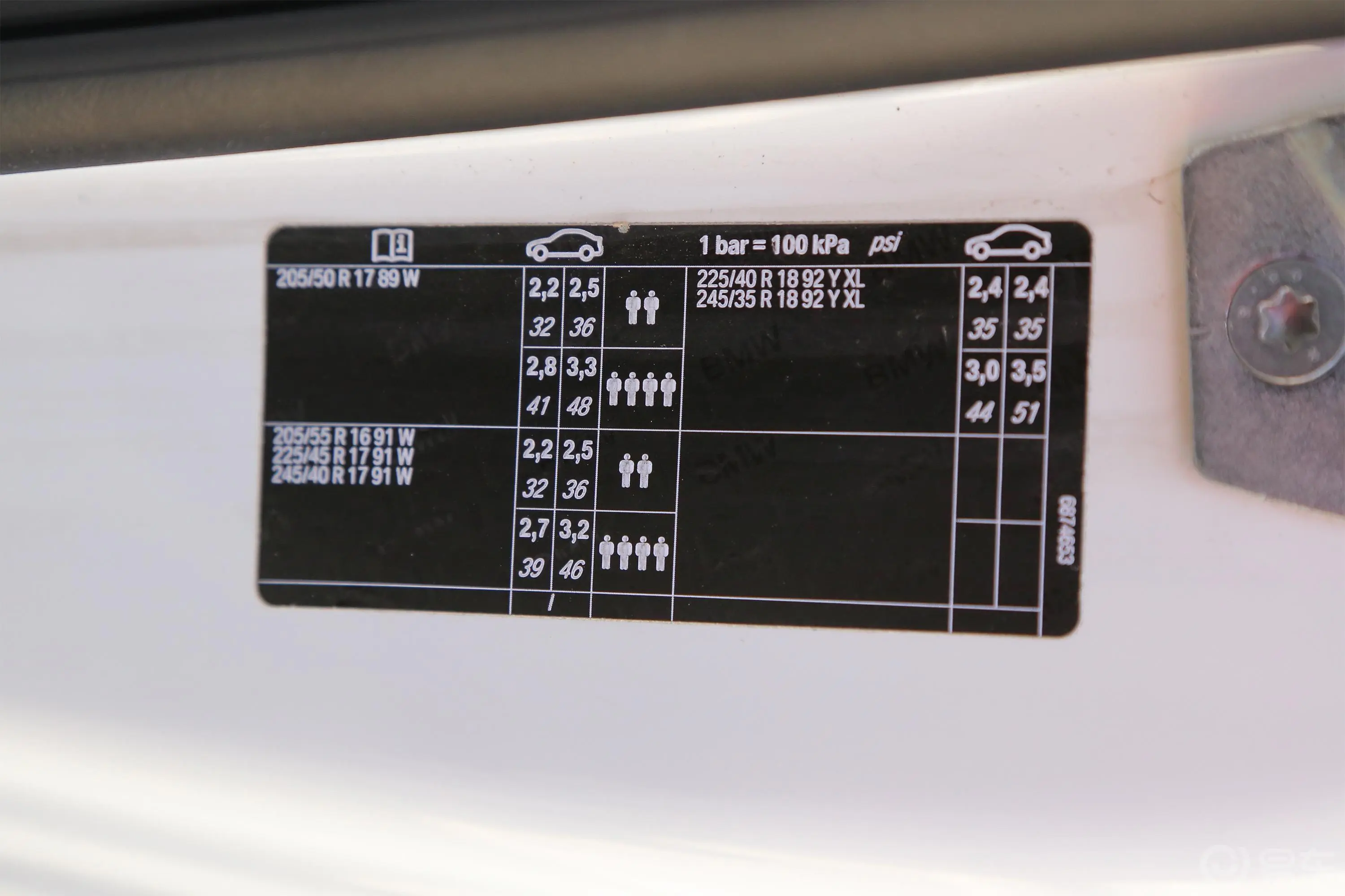 宝马2系敞篷轿跑车 220i 运动设计套装胎压信息铭牌