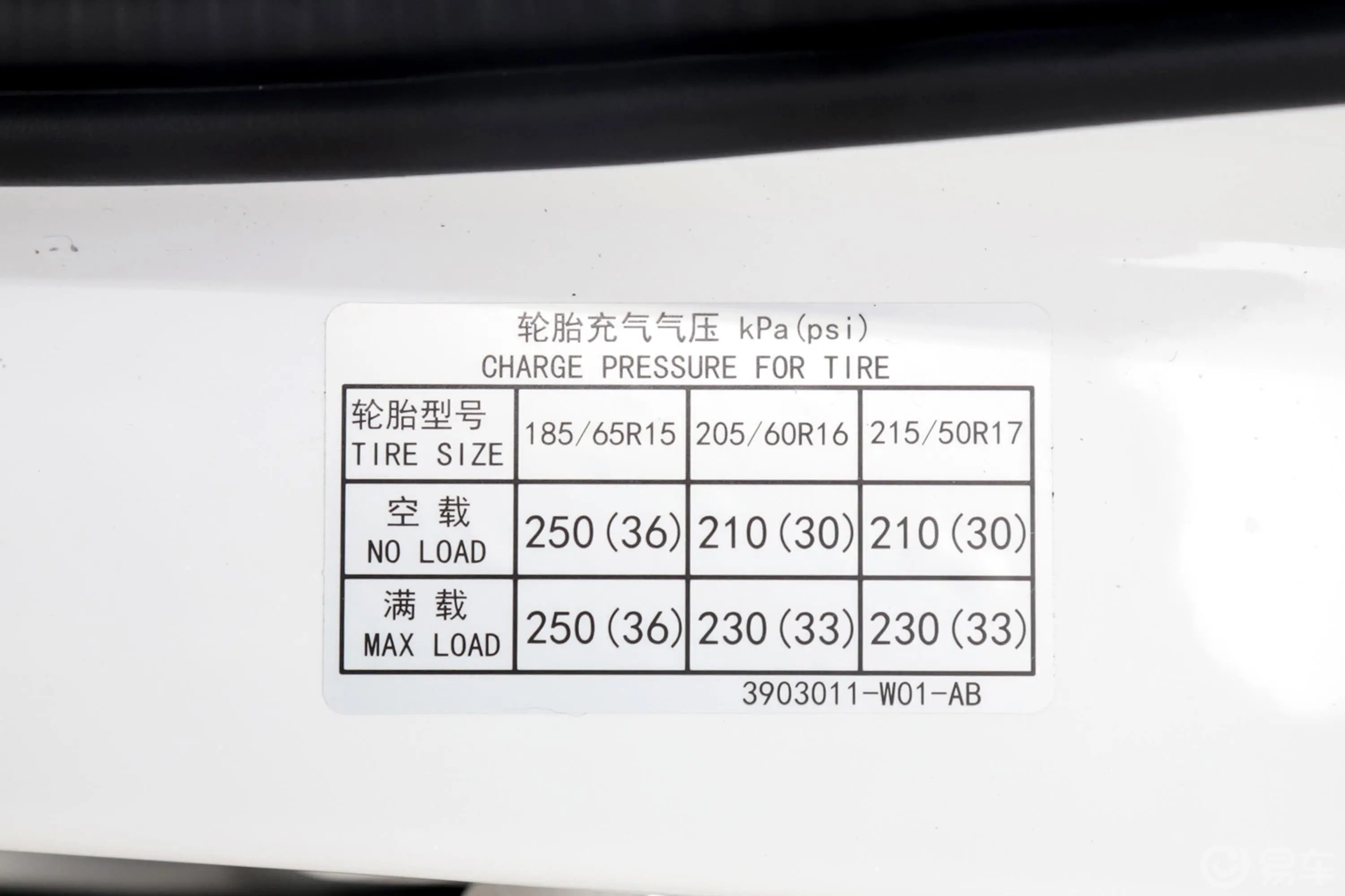 长安欧尚科赛51.6L 手自一体 经典型 国VI胎压信息铭牌