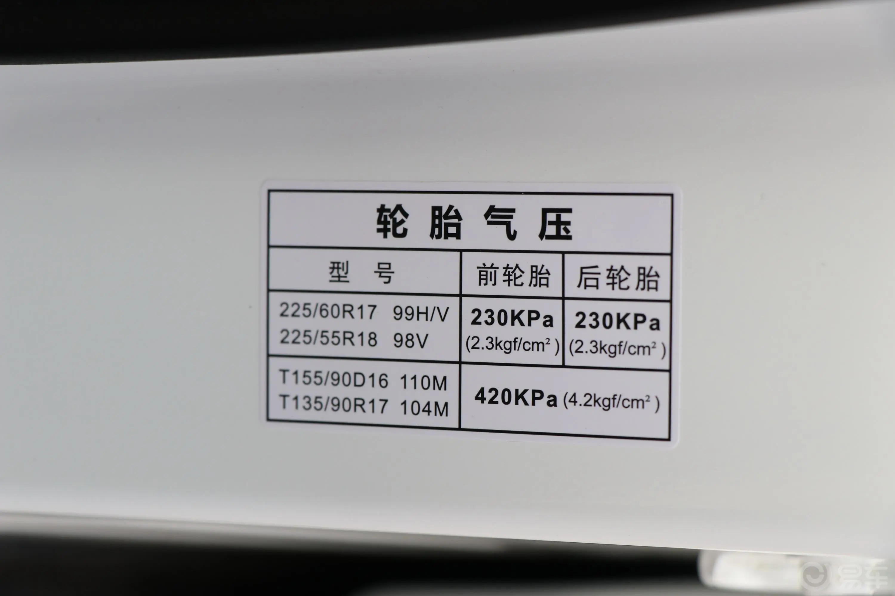 传祺GS4270T 手自一体 舒适版胎压信息铭牌