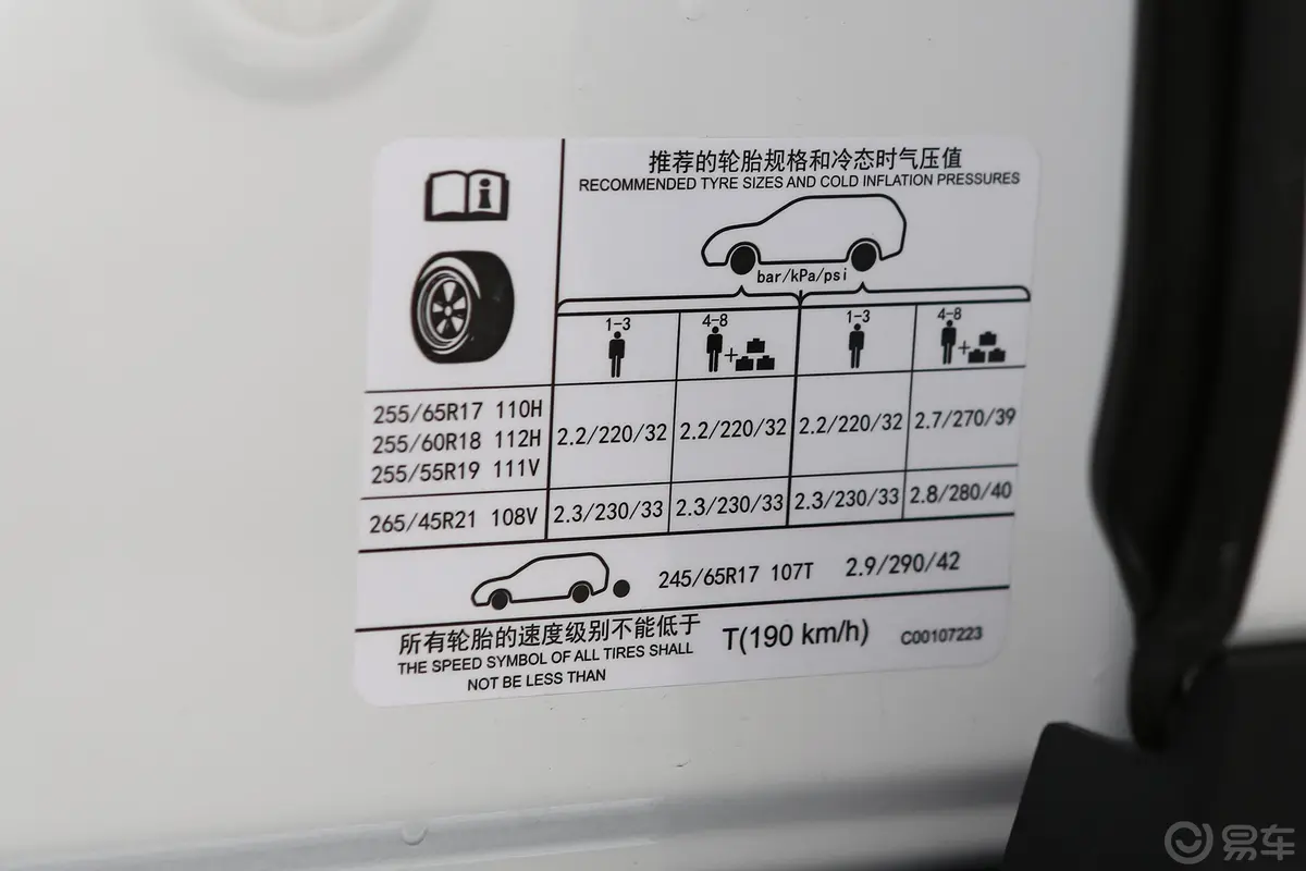 上汽大通MAXUS D90 Pro2.0T 手自一体 四驱 畅享版 7座 柴油胎压信息铭牌