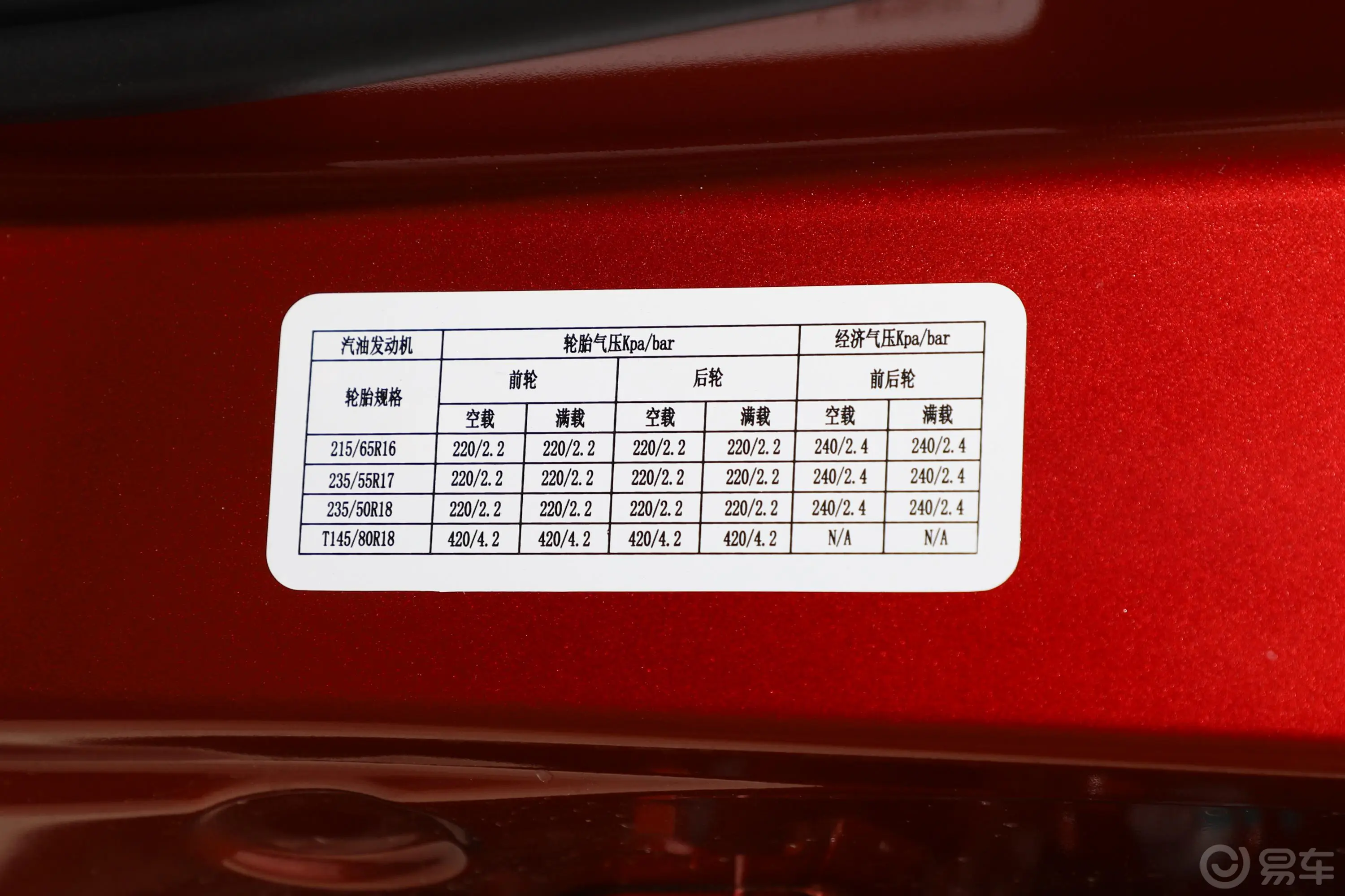领界领界S EcoBoost 145 CVT 48V尊领型Plus胎压信息铭牌