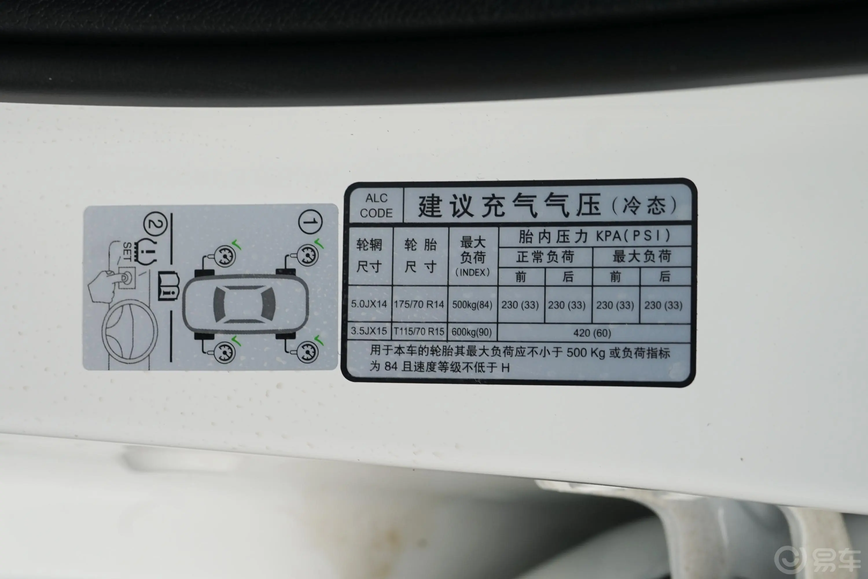 焕驰改款 1.4L 自动 舒适天窗版胎压信息铭牌