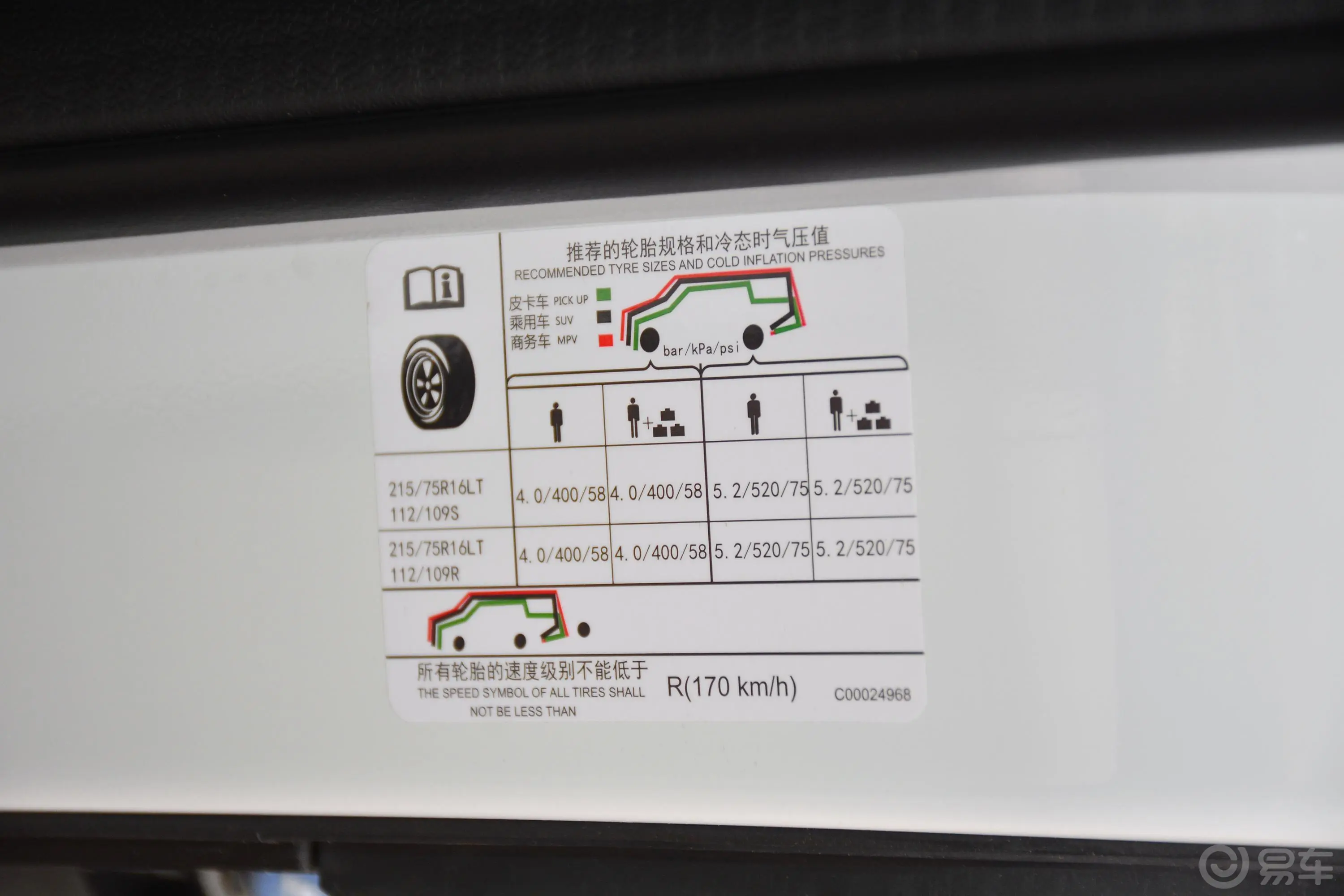 新途V90运杰版 2.0T 手动 长轴高顶 7座胎压信息铭牌