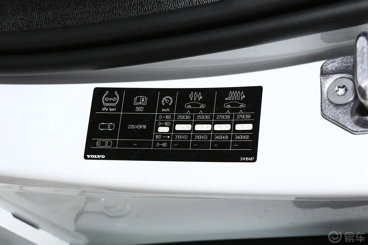 沃尔沃S60 RECHARGET8 四驱 智逸豪华版胎压信息铭牌