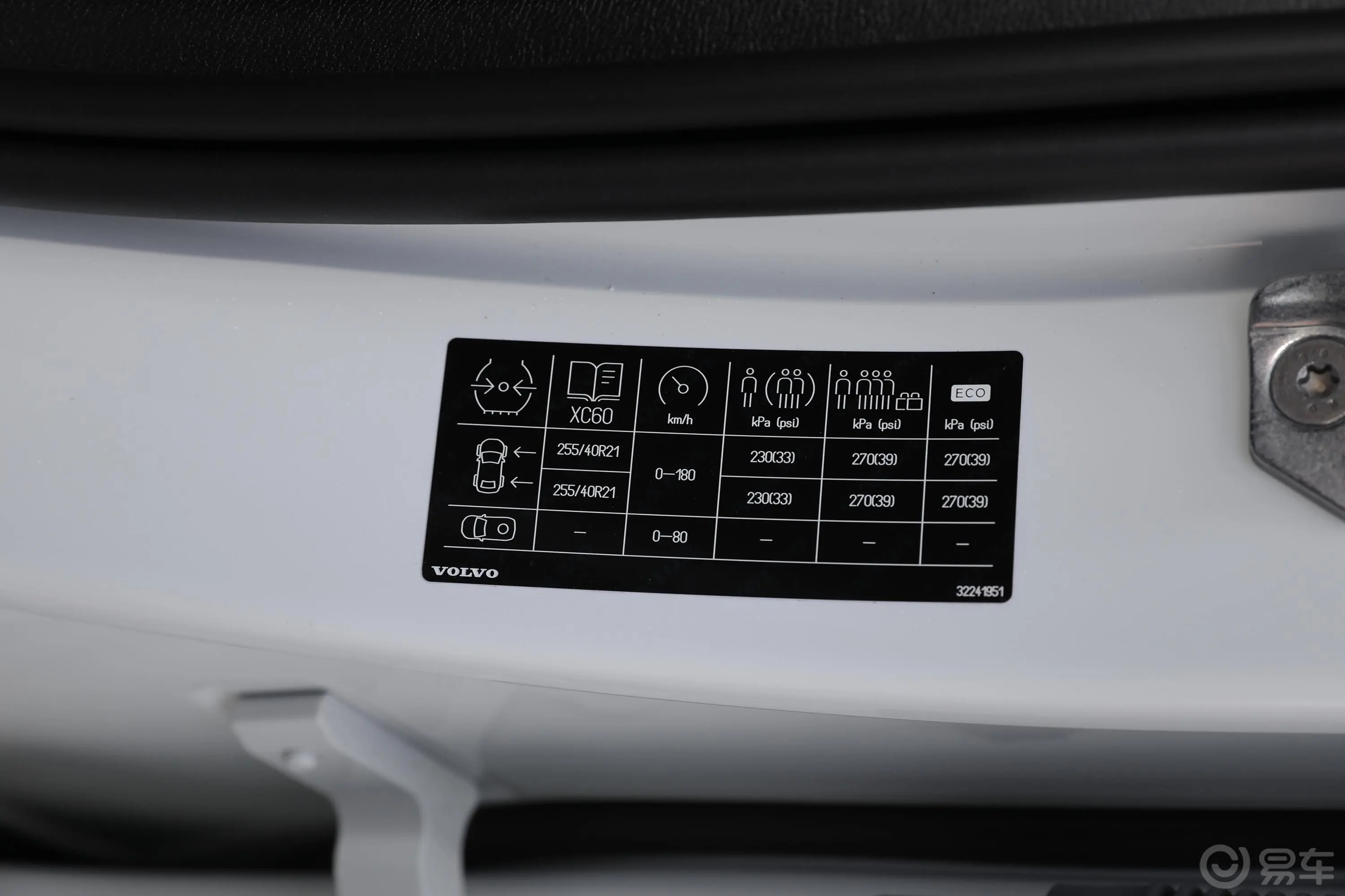 沃尔沃XC60 RECHARGET8 智远运动版胎压信息铭牌