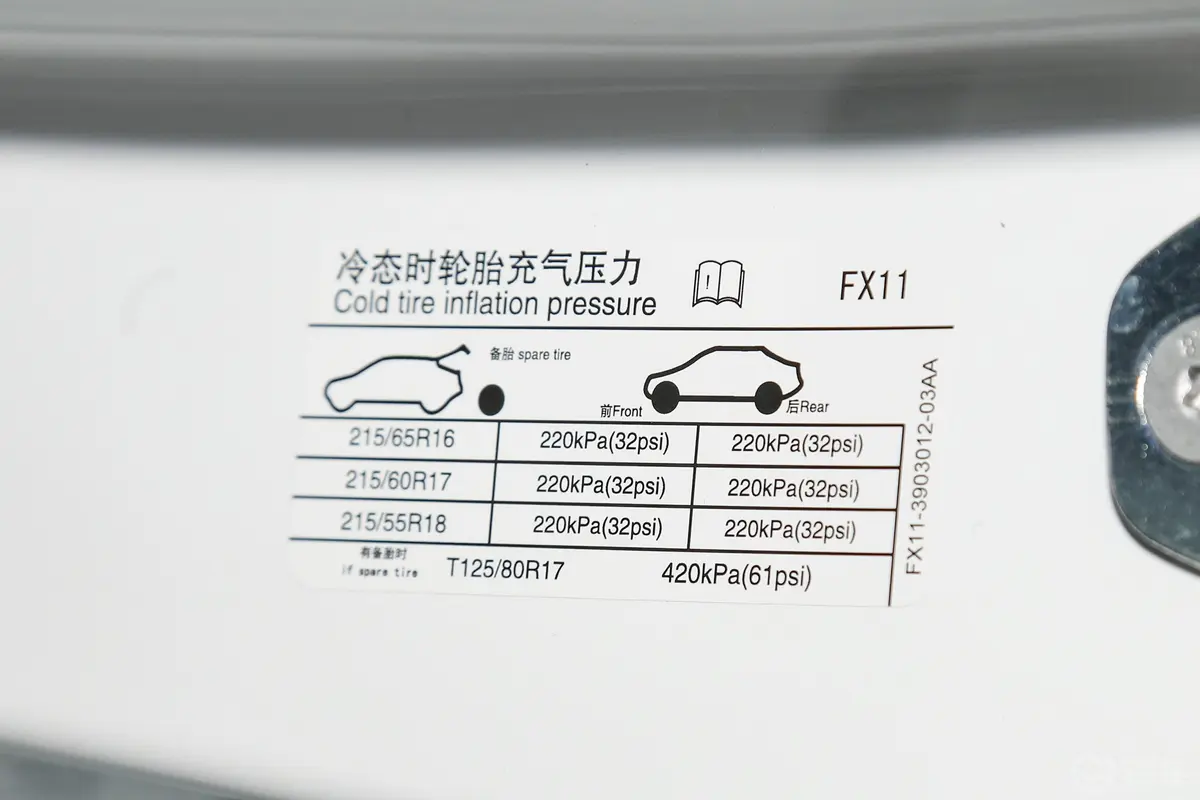 炫界Pro EV401km 悦享版胎压信息铭牌