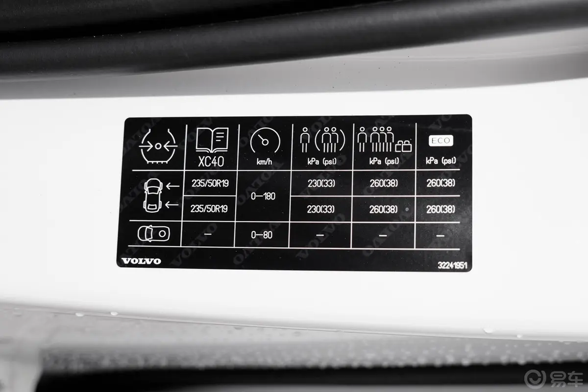 沃尔沃XC40T4 四驱智雅豪华版胎压信息铭牌