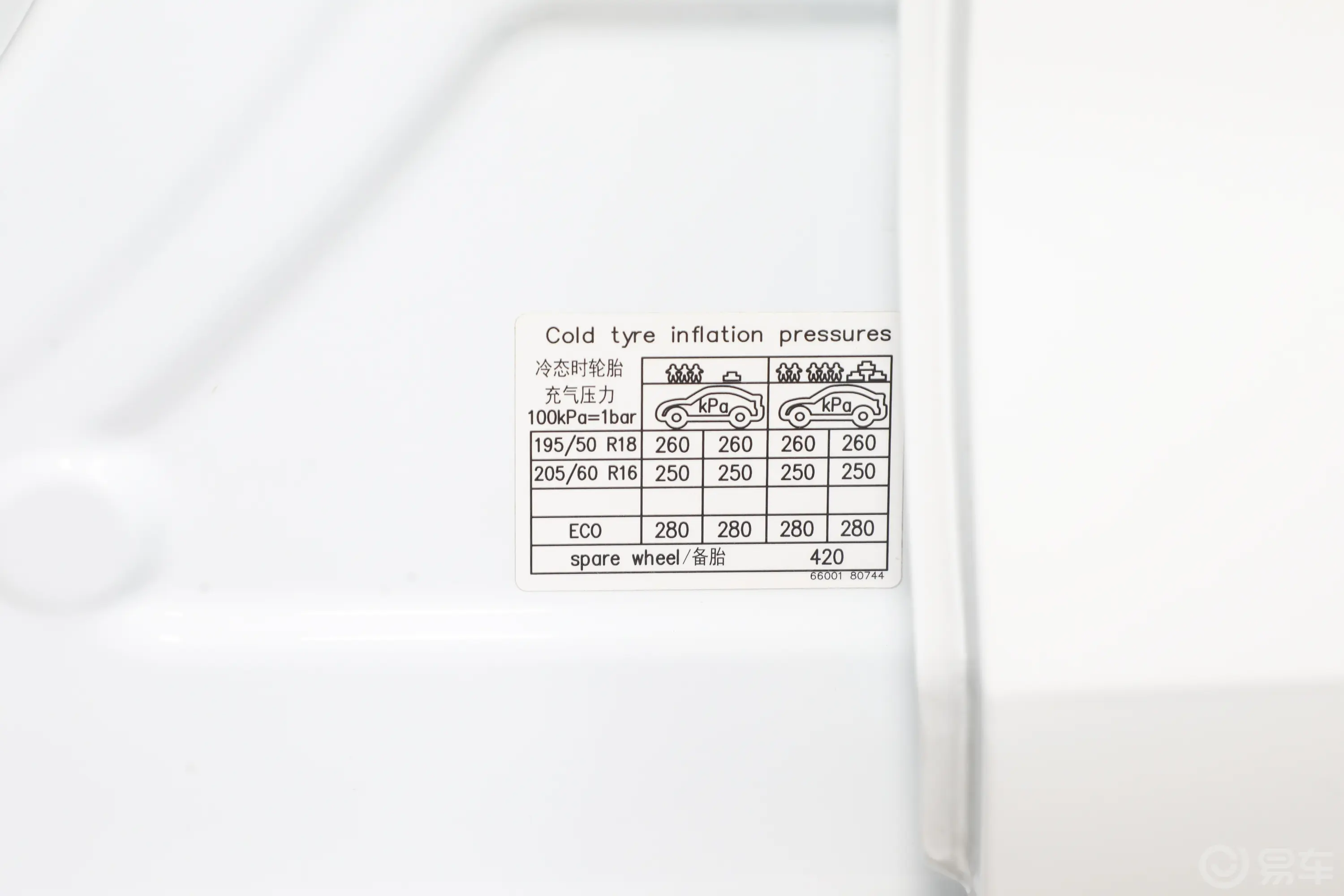 帝豪EVPro 421km 网约版胎压信息铭牌