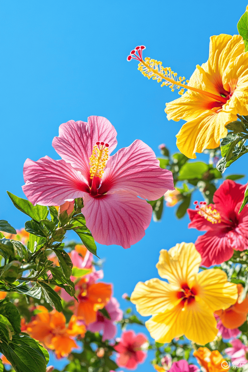 洒在路边盛开的木槿花上