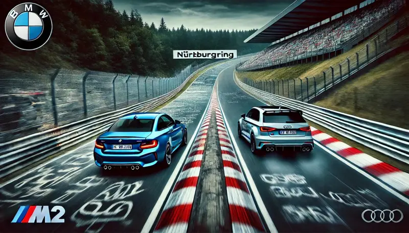 DALL·E 2024-06-24 13.50.01 - A side-by-side comparison of the BMW M2 and Audi RS3 on the Nürburgring racetrack, showing both cars in motion, highlighting their speed and performan