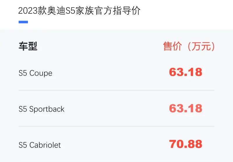 2023款奥迪S5家族上市 售63.18万元起